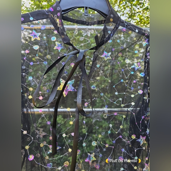 SHEIN Plus Size 0XL -12, Tie Neck Sequin Galaxy Sheer Mesh Top - Picture 6 of 9